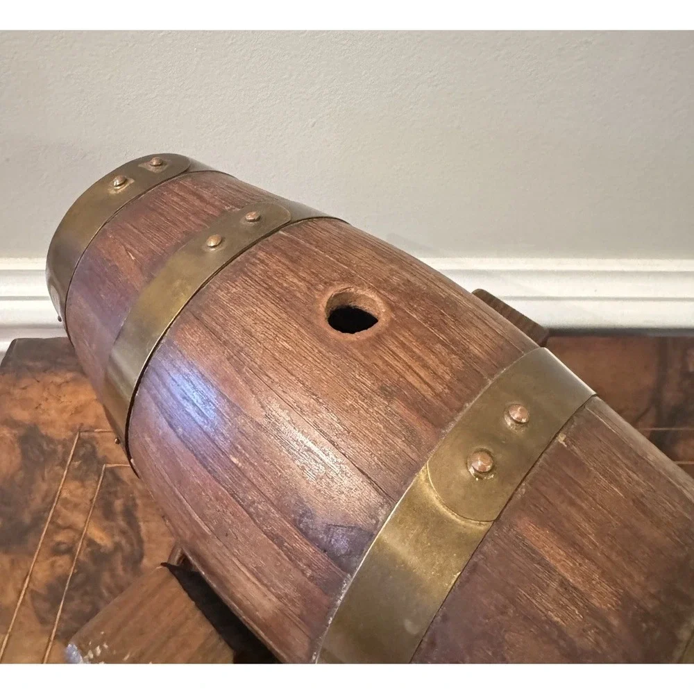 Handmade Spain Wood Barrel Cask w/ Brass Bands & Spigot on Stand‎ Vintage